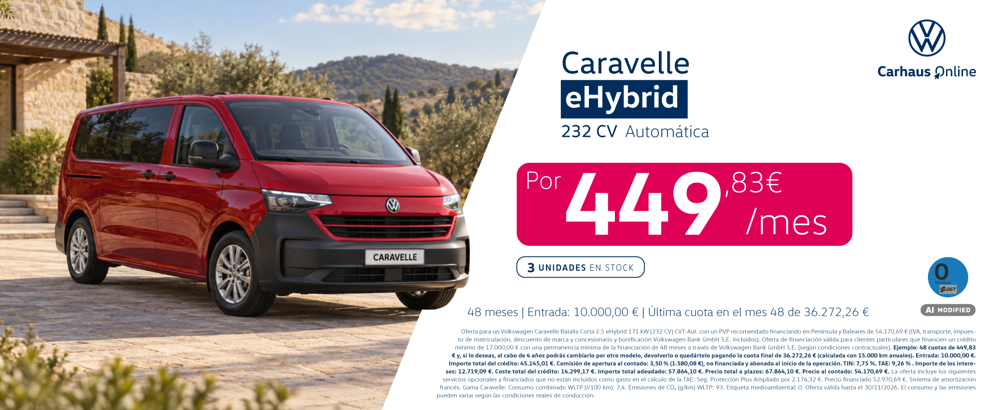Volkswagen Caravelle eHybrid 232 CV por 449,83 euros al mes